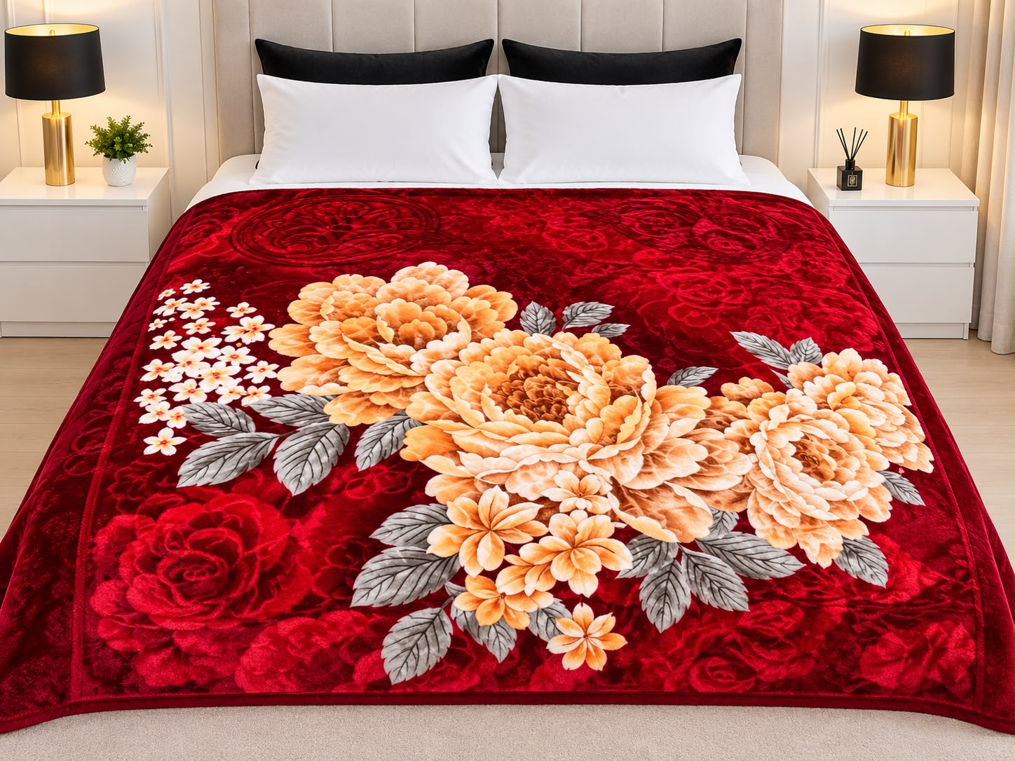 Manta Premium con EMBALAJE – 2,5 kg 160 x 220 - GRANATE flores