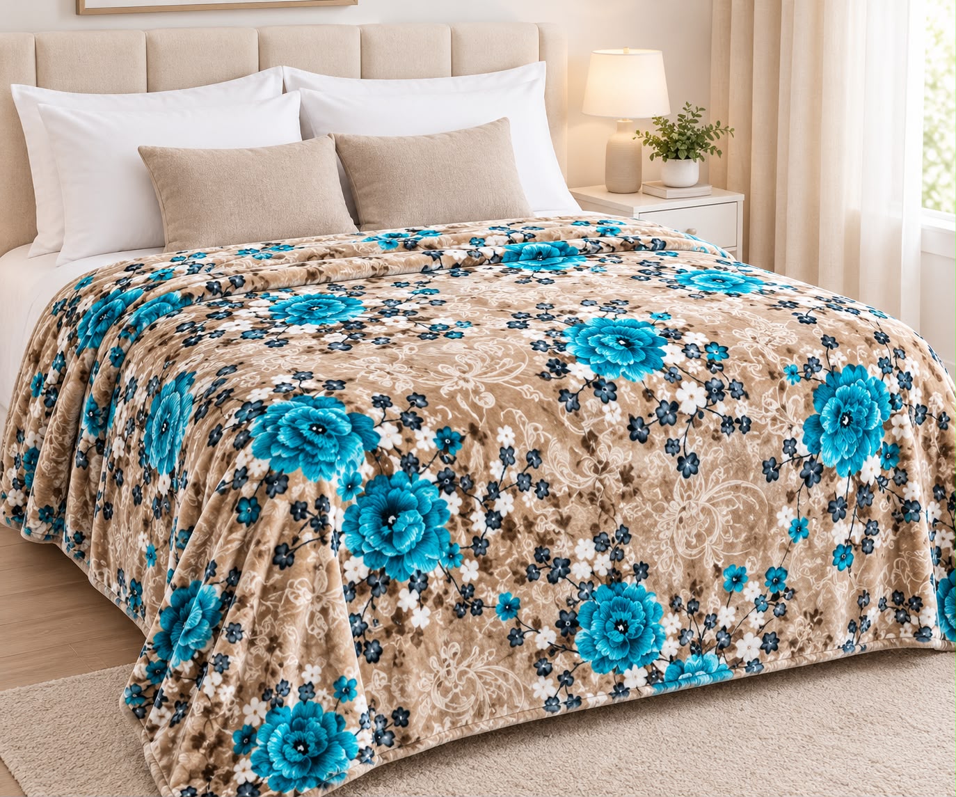 Manta Premium Estampada – 2,5 a 3 kg 240 x 200 - FLORES AZULES CELESTE